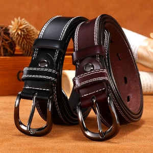 Classic leather belts in black and brown with white stitching and gunmetal pin buckle