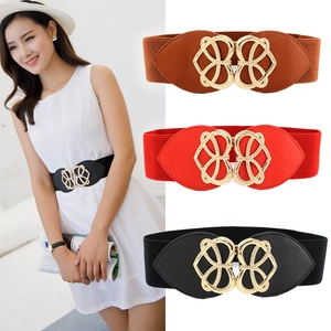 Women's wide elastic waist belt with gold hollow heart buckle in black red and brown