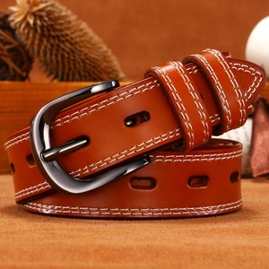 Classic brown leather belt with white contrast stitching and dark metal buckle for men