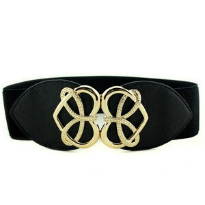 Women's wide black elastic belt with gold heart-shaped buckle for down jackets and dresses