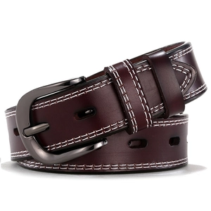 Deep brown leather belt with white contrast stitching and a dark gunmetal alloy buckle