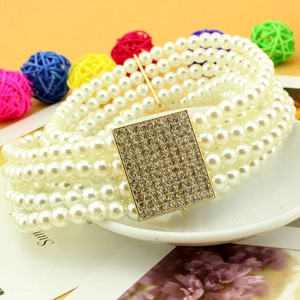 Women Elegant Layered Faux Artificial Pearl Elastic Belt Vintage Rhinestone Alloy Buckle Waist Chain For Wedding Party Dress Jewelry