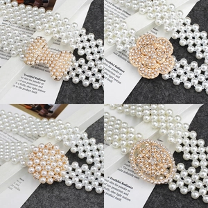 Elastic multi-row pearl waist belts for women with four different sparkling alloy buckles