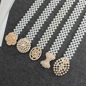 Elegant multi-strand pearl elastic waist belts with various gold rhinestone buckles for dresses