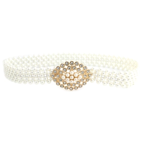 Women's elastic four-row pearl belt with vintage gold oval buckle and sparkling crystals