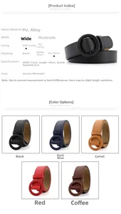 Detailed size chart showing a 3.6cm wide women's belt with a 6cm round buckle
