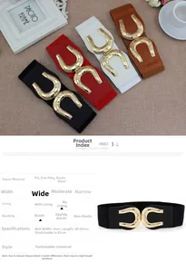 Close-up of women's 6cm wide elastic waist belt with gold horseshoe-shaped alloy buckle