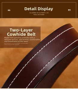 Macro detail of dark brown split cowhide leather belt with white double stitching