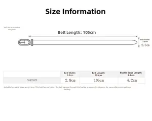 Size chart showing 105cm length and 2.8cm width for the hole-free adjustable belt