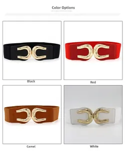 Detail view of elastic waist belts in four colors with engraved gold U-shaped buckles