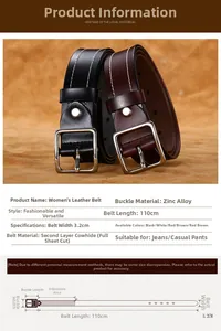Detailed chart of 3.2cm wide cowhide leather belt showing zinc alloy buckle and dimensions