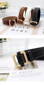 Detailed view of square gold buckles and stitched leather belts in four classic colors