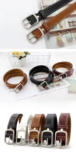 Close-up of matte silver pin buckle and belt variety with white double stitching detail