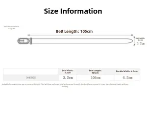 Size chart showing 105cm belt length and adjustable buckle details for hole-free waist belt