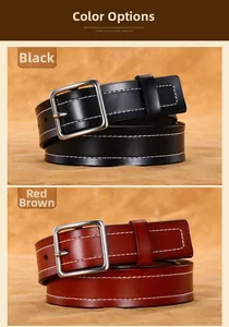 Detail view of leather belts with contrast double white stitching and silver square buckle