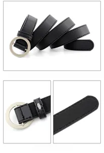 Détail de la ceinture en cuir PU noir avec boucle ronde argentée sans perforation