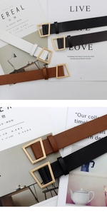 Detail shot of slim leather belts for women with chic gold trapezoid metal buckles
