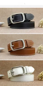 Detail showing high-quality faux leather belts with contrast stitching and matte silver buckles