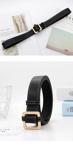 Detail view of black leather thin belt with gold square buckle and white stitching contrast