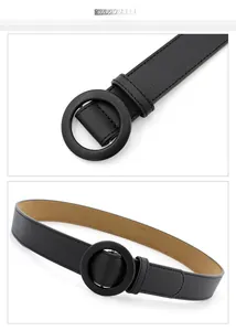 Close-up of minimalist black leather belt with a matching round buckle and neat stitching