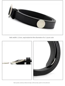 Vue détaillée de la ceinture noire pour femme de 2,3 cm avec boucle ronde en argent