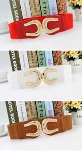 Detail of three colors elastic waist belts with snake pattern horseshoe metal buckles