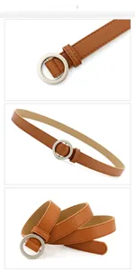 Détails d'une ceinture fine en cuir PU marron avec une boucle ronde argentée pour femme