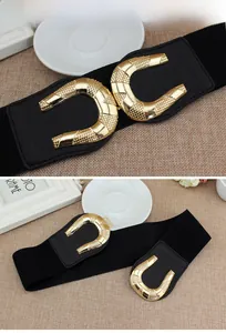 Close-up of golden U-shaped metal buckle with vintage texture on wide elastic belt