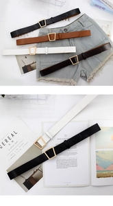 Flat lay of retro women's geometric square buckle belts in four classic colors