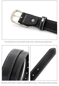 Detail of black leather belt with silver buckle and screw fixation for length adjustment