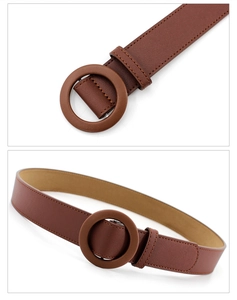 Close-up of a brown leather fashion belt featuring a matching leather-wrapped round buckle