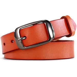 Classic bright orange-red leather belt for women featuring a dark gunmetal pin buckle