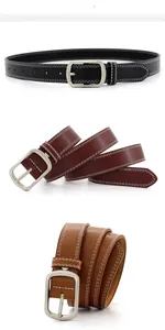 Detail showing high-quality faux leather belts with white double stitching in three colors