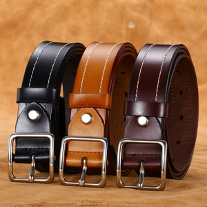 Classic leather belts for women in black and brown with contrast stitching and silver buckles