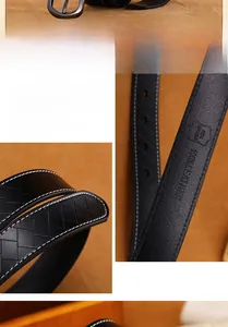 Dettaglio della trama in pelle goffrata e logo in pelle vera stampato in oro sulla cintura