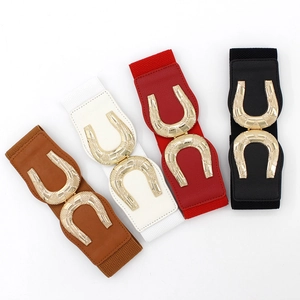 Women Wide Elastic Waist Belt Faux Leather Stretch Cinch Corset Belt Gold Alloy Horseshoe Interlocking Clasp Fashion Accessory