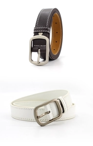 Detail showing white and dark coffee faux leather belts with contrast stitching and metal buckle