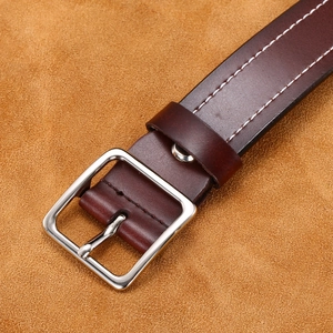 Deep brown genuine leather wide belt with white stitching and silver square buckle