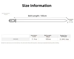 Size chart showing 105cm length and 2.3cm width for the hollowed-out women belt
