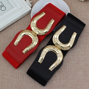 Women vintage wide elastic cinch belt with gold U-shaped buckle in black and red colors