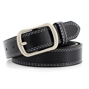 Women's black leather belt with white contrast stitching and a silver square buckle