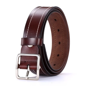 Women's dark brown leather belt with white contrast stitching and silver square buckle