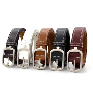 Women's vintage denim jeans belt with square metal buckle and white stitching detail
