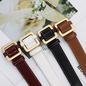 Women's Fashion PU Leather Belt Minimalist Square Alloy Buckle Contrast Stitching No Hole Adjustable Versatile Waist Strap Accessory