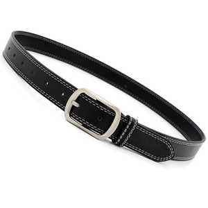 Classic black leather belt with white contrast stitching and silver metal pin buckle