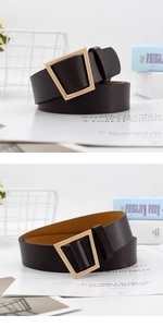 Detailed view of dark brown leather belt with trapezoidal gold metal buckle and texture