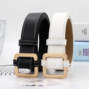 Minimalist black and white women's belts with gold square buckles and white stitching