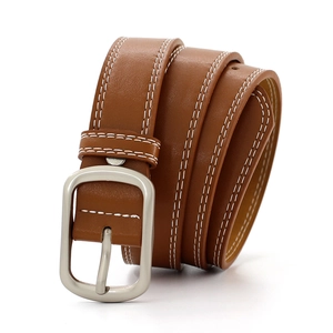 Classic caramel brown leather belt with white double stitching and matte silver buckle