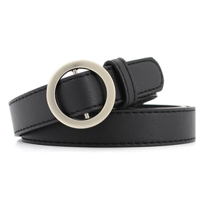 Ceinture fine en cuir noir pour femmes avec une boucle ronde en métal au style vintage