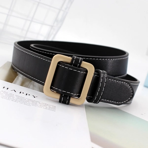 Women's black leather belt with matte gold square buckle and white contrast stitching